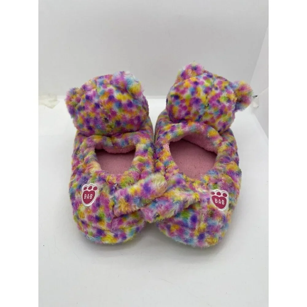BABW Multi Color Slippers Build A Bear Confetti Plush 3D Head Leopard Cat Sz XL